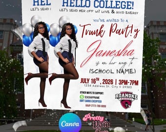 Trunk party invite , hello college , canva , editable , digital download, printable , graduate
