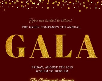 May include: Burgundy invitation with gold glitter accents. The text reads "GALA" in large gold letters, with event details including the date, time, and location: The Ridgewood Museum.