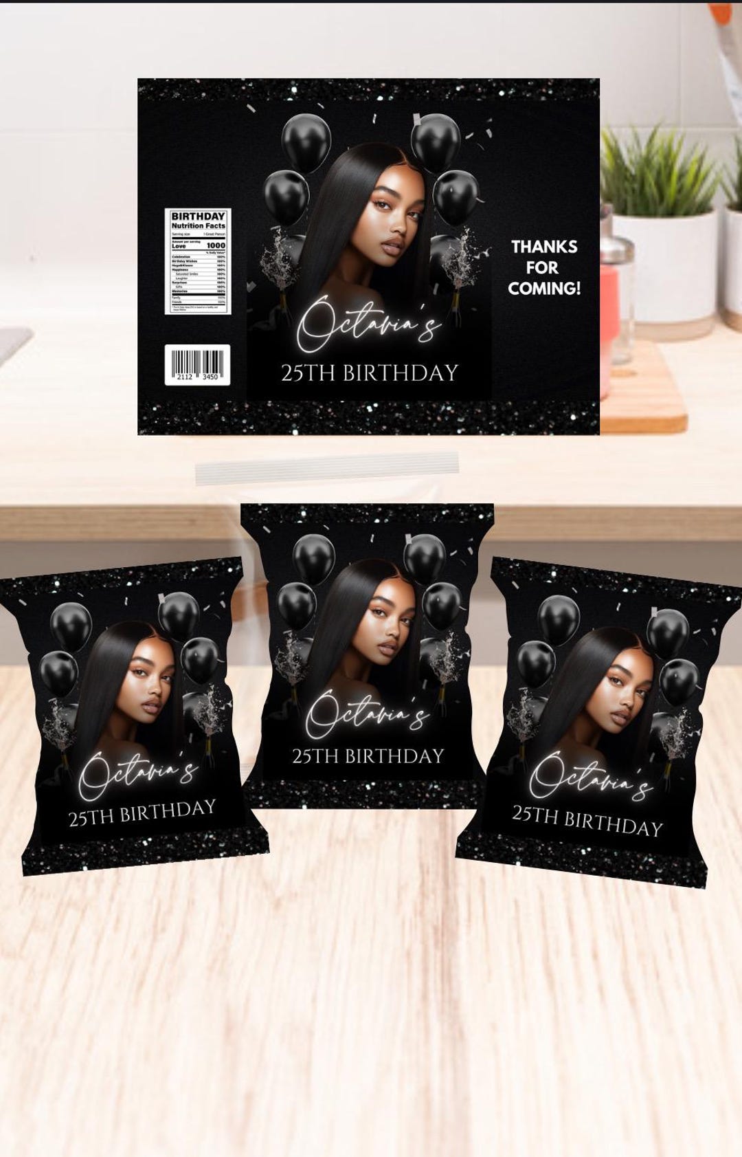 Hapy Birthday Chip Bag Label , Black , Printable , Edit With Canva ...