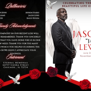 May include: A black and white funeral announcement for Jason "Ja-Ja" Lewis. The announcement includes dates of birth and death, and a photo of Lewis with angel wings. The announcement also includes the text "Celebrating the Beautiful Life of" and "Family Acknowledgments".