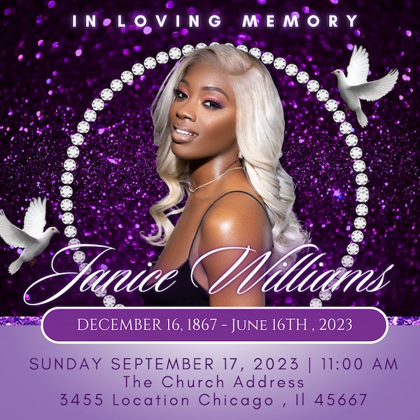 Funeral announcement invitation, editable , digital download, instant download, canva template, purple