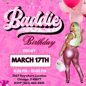 Baddie Birthday , Social Media Flyer, edit with Canva, Birthday Party Event,pink party Template, Birthday flyer, Birthday Invitation