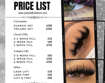 May include: Price list for eyelash extensions and other services offered by Lashes By Kesha. Services include classic and volume sets, fills, lash lifts, lash tints, and lift and tint. The price list also includes the website address and phone number.