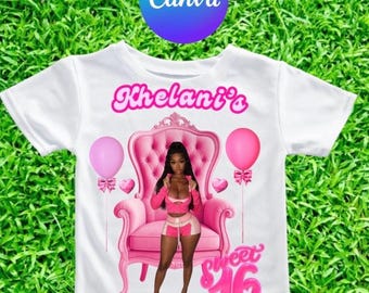 May include: White t-shirt with a pink graphic design. The design includes the name "Khelani's" in pink script, a pink chair with a person, pink balloons, hearts, and the text "Sweet 16" in pink.