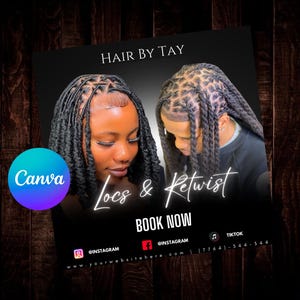 Puede incluir: Un folleto en blanco y negro que anuncia servicios de rastas y retuerces. El folleto presenta a dos personas con rastas, una mujer y un hombre. El folleto incluye el texto "Hair by Tay", "Locs & Retwist", "Book Now", "@Instagram", "@Instagram", "www.yourwebsitehere.com", "(7764)-344-344" y "TikTok".