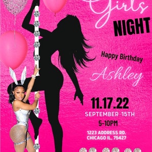 Op de afbeelding: Roze uitnodiging met een silhouet van een vrouw op een paal, ballonnen en strass. De tekst luidt "Girls Night", "Happy Birthday Ashley", "11.17.22", "September 15th", "5-10PM", "1223 Address Rd. Chicago IL, 75427" en "RSVP Ashley 554-342-2344".