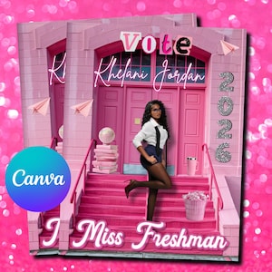 May include: A digital graphic design featuring a pink school building entrance with stairs. Text reads VOTE, Khelani Jordan, 2026, and Miss Freshman. A person in a white shirt, black tie, and dark shorts stands on the steps. Pink paper airplanes and a cup are visible.