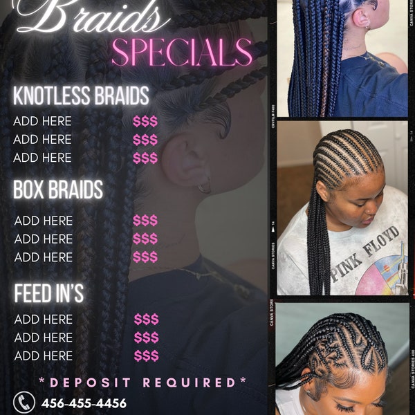 Braids specials price list , canva , digital download, editable