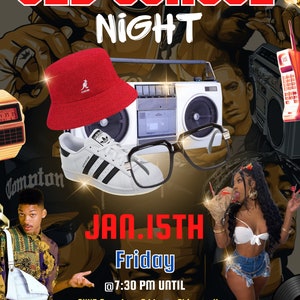 Può includere: Un invito a una festa Old School Night il 15 gennaio, con un boombox, un cappello Kangol rosso, un paio di scarpe Adidas e un paio di occhiali con montatura nera. L'evento si tiene alle 19:30 fino a tardi al 2445 Anywhere Address, Chicago, IL 45543. RSVP al 554-445-3456.