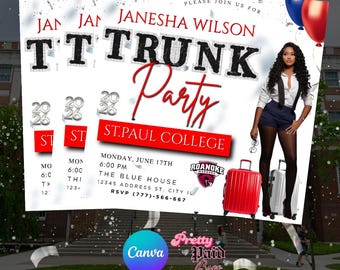 Trunk party invite , hello college , canva , editable , digital download, printable , graduate