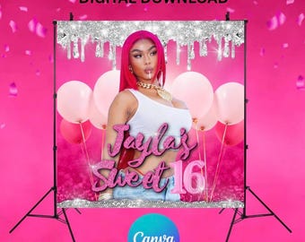 Pink sweet 16 editable birthday backdrop , digital download , instant download, canva , printable
