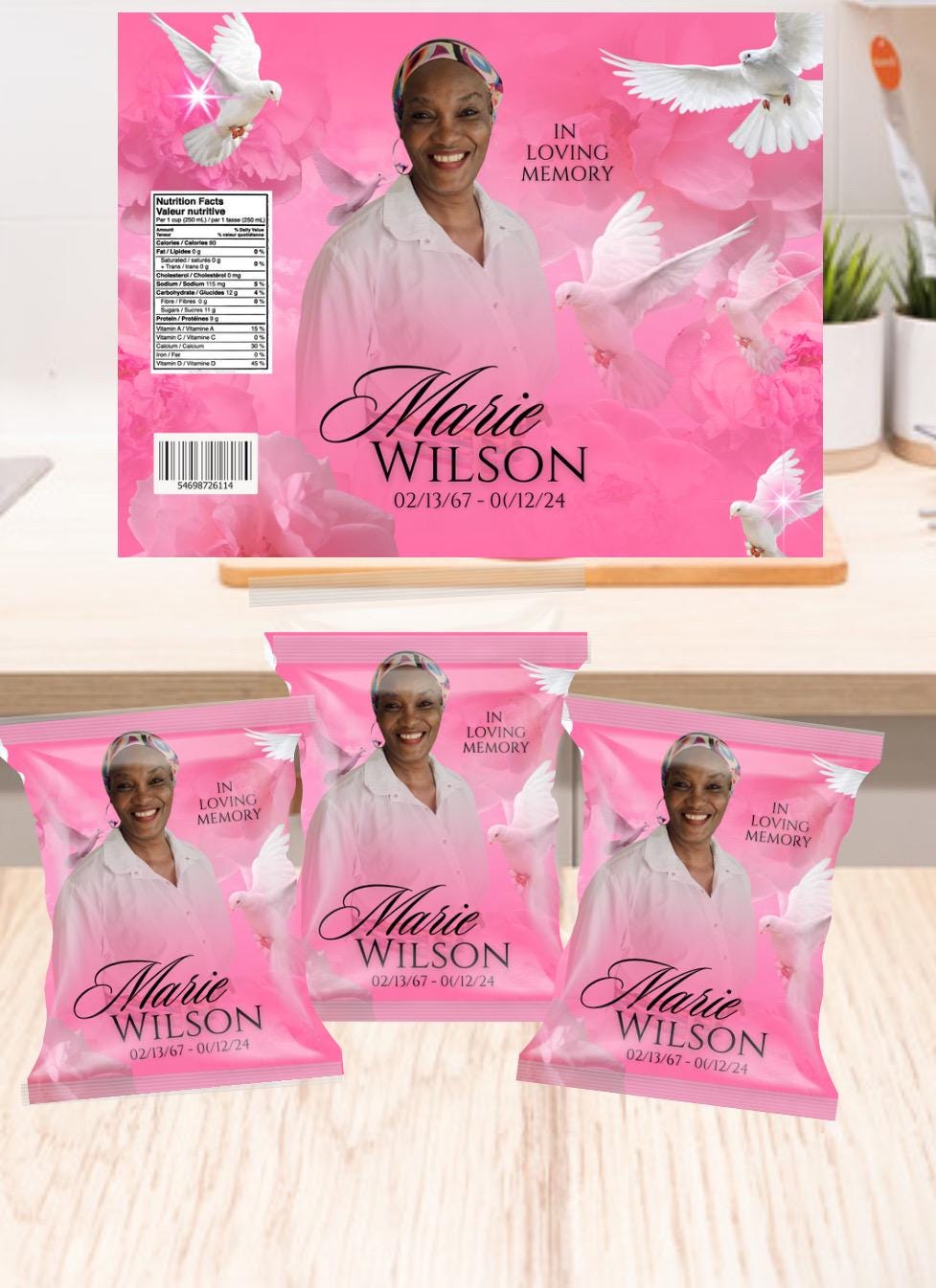 em memória amorosa etiqueta de saco de chip, edite com canva, download digital, rosa, pombas, imprimível, nuvens, flores rosas