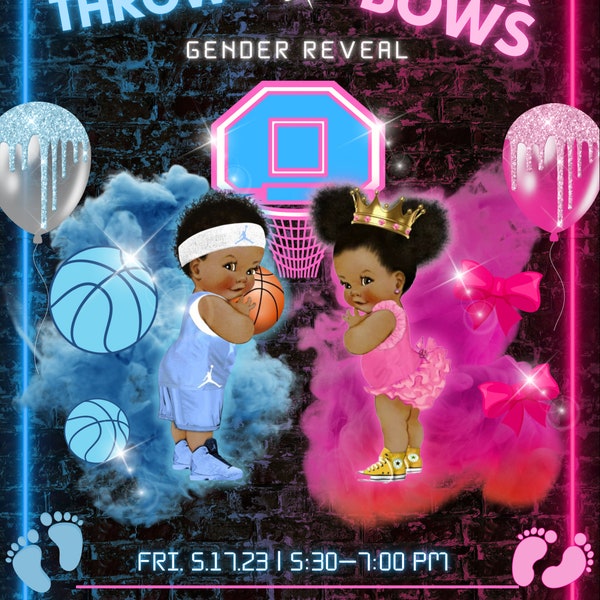 Free throws or pink bows, editable gender reveal invite , pink , blue , black , digital download, canva