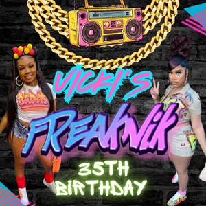 Può includere: Un invito a una festa di compleanno con un tema retrò. L'invito presenta un giradischi, una catena d'oro e il testo "Vicky's Freaknik 35th Birthday".