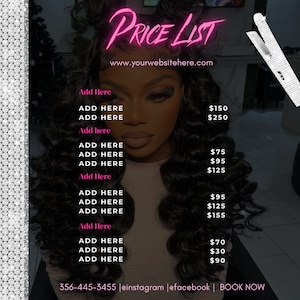 Hair Price List Flyer, Social Media Flyer, Hair Pricelist Template, Bundle , wigs Flyer, Hair Pricing List Flyer, Edit with canva,DIY