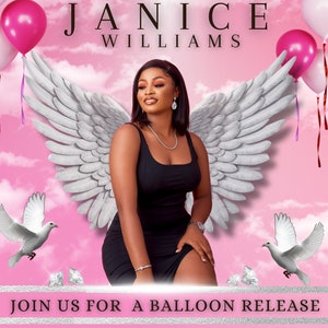 May include: A pink and white memorial announcement with a photo of a woman in a black dress. The announcement includes the text "In Loving Memory of Janice Williams" and details for a balloon release.