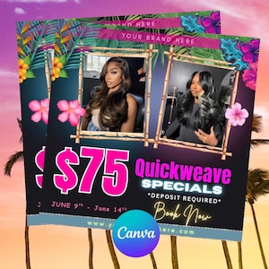 May include: A promotional flyer featuring two photographs of individuals with styled hair, framed by bamboo-style borders. The design includes tropical floral accents, the text "Quickweave SPECIALS", "$75", "JUNE 9th - JUNE 14th", and "Book Now".