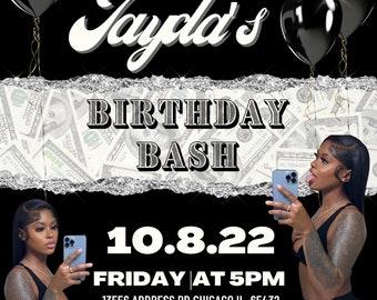May include: Black and white birthday party invitation with the text "Jayda's Birthday Bash 10.8.22 Friday at 5PM 13556 Address Rd. Chicago IL, 65432" and a silver number 15 balloon.