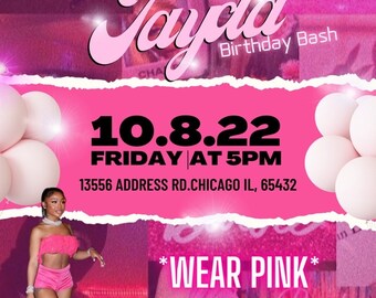Pink Social Media Flyer, DIY Canva Template, Birthday Party Event,edit with  Canva , Birthday flyer, Birthday Invitation Invite