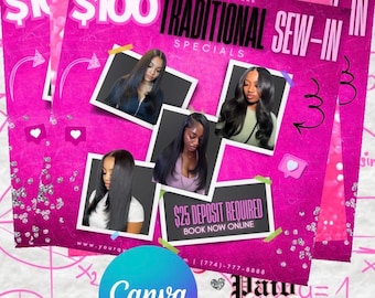 Traditional sew in specials, editable, canva ,digital download, hair stylist flyer, summer, back to school