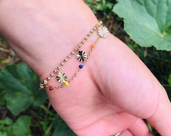 Bracelet chaîne double rang dorée Acier inoxydable couleur or perles émaillées