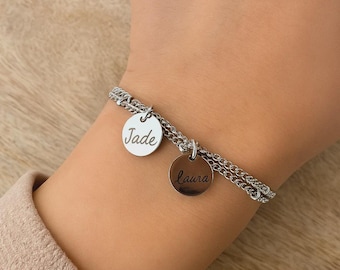 Personalized bracelet with engravable medal and double beaded chain - Women's bracelet, personalized gift, engraved, mom gift, Christmas gift