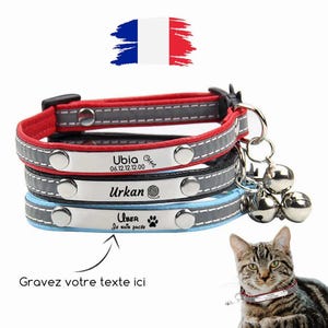 Peut inclure: Colliers pour chats empilés, rouges, noirs et bleus, avec garniture grise réfléchissante et plaques signalétiques argentées. Chaque collier est personnalisé avec un nom et un symbole. Le texte "Grave votre texte ici" est inclus.