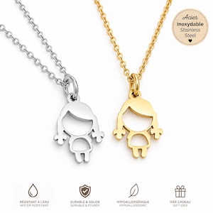Pode incluir: Duas correntes, uma prateada e outra dourada, cada uma com um pingente em forma de menina estilizada. Os pingentes pendem de correntes delicadas. A imagem inclui texto que diz "Aço Inoxidável", "Resistente à água", "Durável e Resistente", "Hipoalergénico" e "Ideia de presente".
