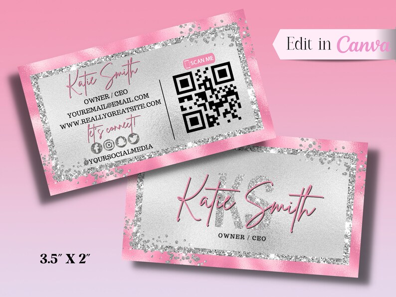 Editable Business Card Template Pink and Silver Glitter Etsy