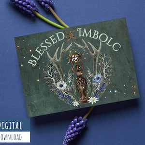 Druckbare gesegnete Imbolc Karte #8, Frühling, Geweih, Kristalle, Blumen, Hekate Karte, Göttin Brigid Cross Karte