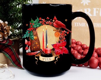 GEPERSONALISEERDE Yule Pagan Christmas Nieuwjaar cadeau mok, kardinaal kaarsen aquarel 15oz zwarte mok, koffiemok, aangepaste mok, aangepaste koffiemok