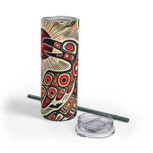 Gobelet de voyage Raven & Sun mat 20 oz avec paille | Art tribal mystique inspiré de la côte nord-ouest | Magie de l&#39;Alaska