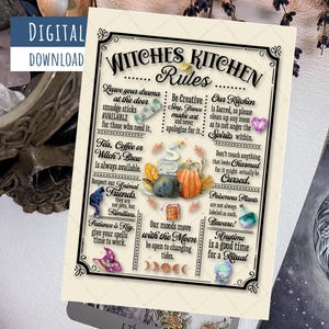 Printable Witches Kitchen Rules, Blank Inside, Kitchen Witch card,