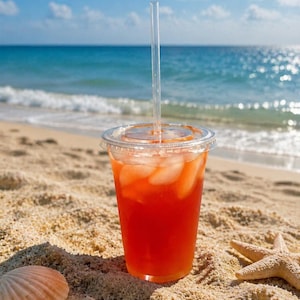 May include: A clear plastic disposable cup filled with a bright orange iced beverage and ice cubes, topped with a clear plastic lid and a straight straw, positioned on sandy ground with a seashell and two starfish nearby.