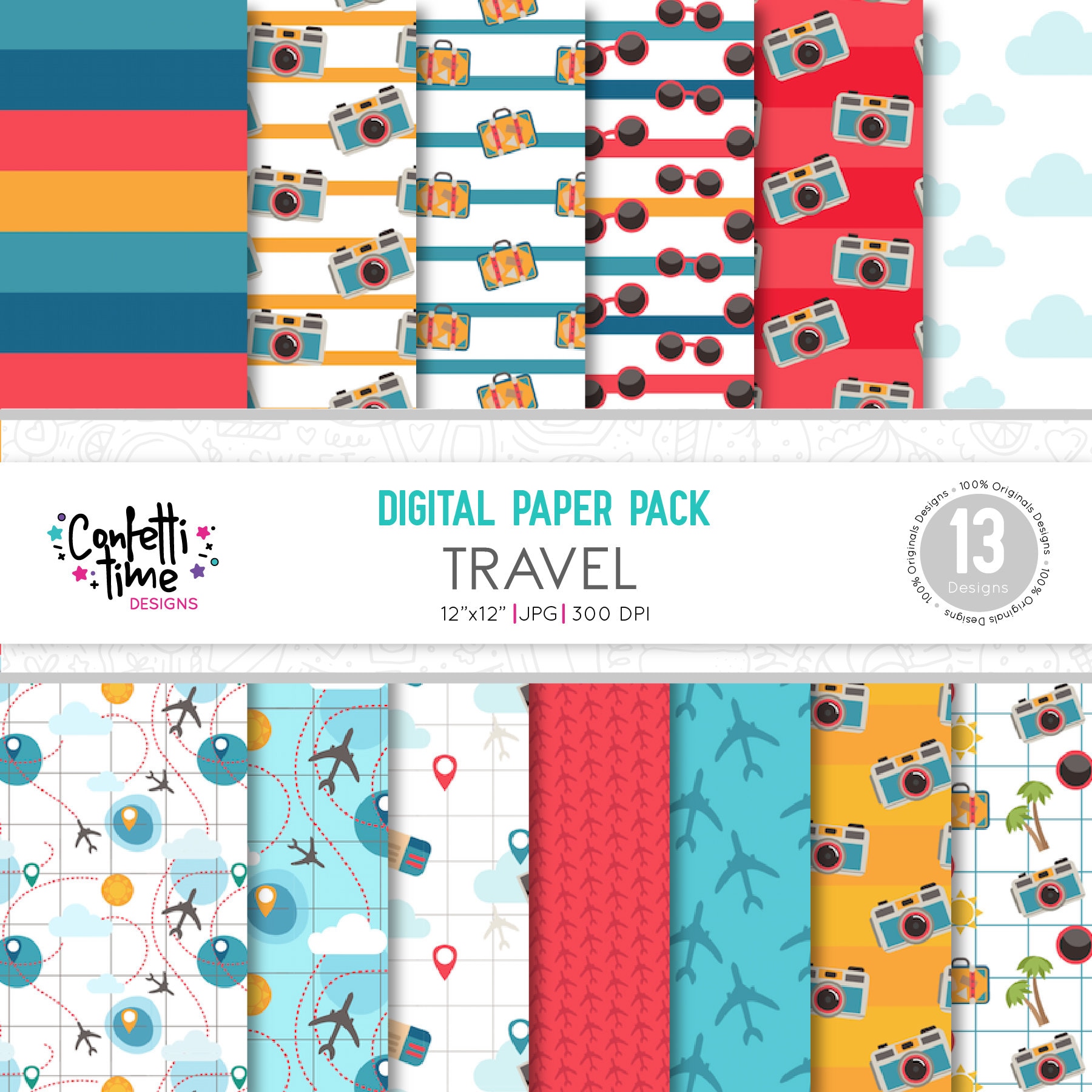 Travel Pattern Paper Travel Digital Paper, Vacation Digital Paper, Airplane Digital Paper ...