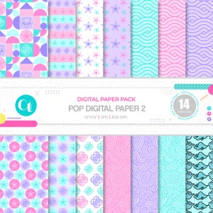 以下が含まれることがあります： ピンク、紫、ターコイズなどのパステルカラーの14種類のデジタルペーパーデザインのコレクション。パターンには、星、波、幾何学模様、雲が含まれます。テキストは「DIGITAL PAPER PACK POP DIGITAL PAPER 2 12"X12" JPG 300 DPI」と表示されています。