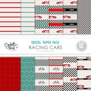 以下が含まれることがあります： 赤いレーシングカー、チェッカーフラッグ、さまざまなパターンを特徴とする12のデザインを含むデジタルペーパーパック。デザインは12インチ×12インチ、300 DPIです。