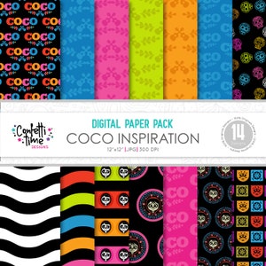 May include: A digital paper pack with 14 designs inspired by the movie Coco. The designs feature colorful patterns with skulls, flowers, guitars, and the words "Coco" and "Time".