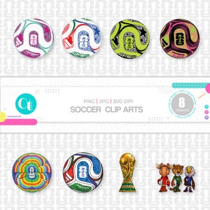May include: A digital collection of soccer clip arts featuring six distinct soccer balls with varied color patterns and FIFA branding, a gold FIFA World Cup trophy illustration, and three cartoon animal characters in soccer uniforms.