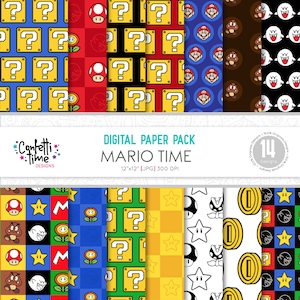 Papel digital Mario, papel digital Super Mario, papel para scrapbook Mario, design digital Super Mario, padrões Mario, papel de carta Mario
