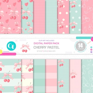 May include: A digital paper pack with 14 designs featuring cherry and bow patterns in pink and green. The designs are 12 inches by 12 inches and 300 DPI.