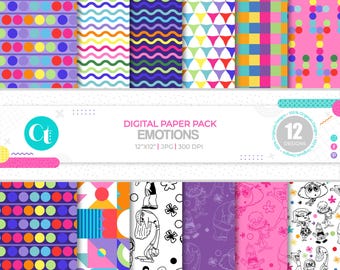 May include: Digital paper pack with 12 designs featuring colorful patterns and black and white illustrations of characters from the movie Inside Out. The pack includes patterns with polka dots, waves, triangles, squares, and geometric shapes. The text "DIGITAL PAPER PACK EMOTIONS 12"X12" |JPG| 300 DPI 12 DESIGNS" is displayed on a banner.