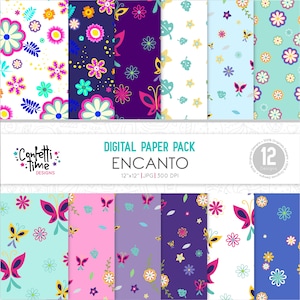 May include: A digital paper pack with 12 designs featuring butterflies, flowers, and stars in various colors. The designs are 12 inches by 12 inches and 300 DPI. The text "Contetti *Time* DESIGNS" and "DIGITAL PAPER PACK ENCANTO 12"x12" JPG 300 DPI" is included in the image.
