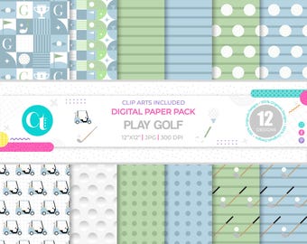 May include: A digital paper pack with 12 designs featuring golf-themed patterns. The patterns include golf balls, golf clubs, golf carts, and geometric shapes in green, blue, and white. The pack includes clip art and is 12 inches by 12 inches, 300 DPI.