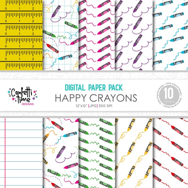 Back to School Paper Pack, Crayons digital paper, Back to school digital paper, School digital paper, School supplies, Colors digital paper