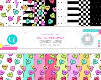 Candy Hearts Digital Paper Pack: Valentine's Day Scrapbook (12x12, JPG, SVG)