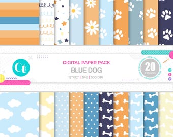 Blue Dog Digital Paper Pack: Animal Scrapbook Designs (Digital Download)