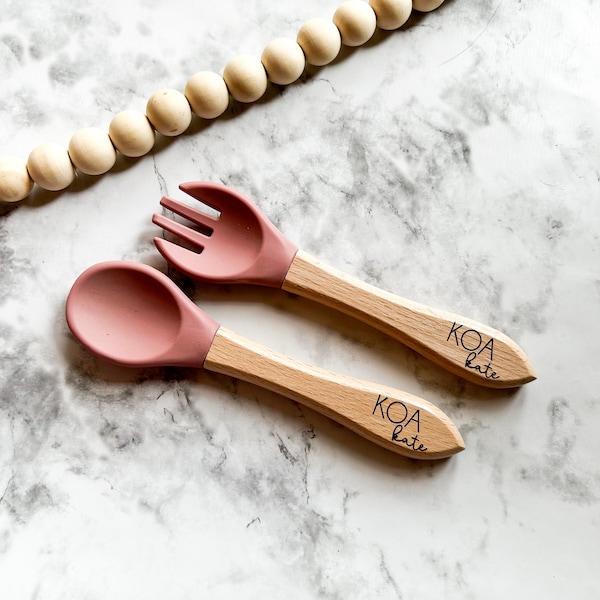 Custom Silicone Baby Spoon and Fork Set, Reusable wooden baby utensils, engraved Silicone baby set, baby Shower Gift, babys first birthday