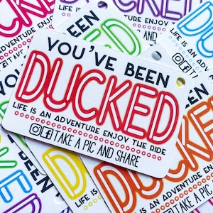 Neon sign lettering duck tags, You’ve been ducked, Colorful neon duck duck tags, duck tags, ducking tags, tags for Ducking