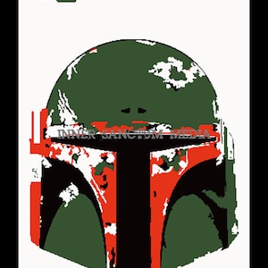 May include: A green, red, and black illustration of a Star Wars Boba Fett helmet. The helmet is partially obscured by white splatter paint.